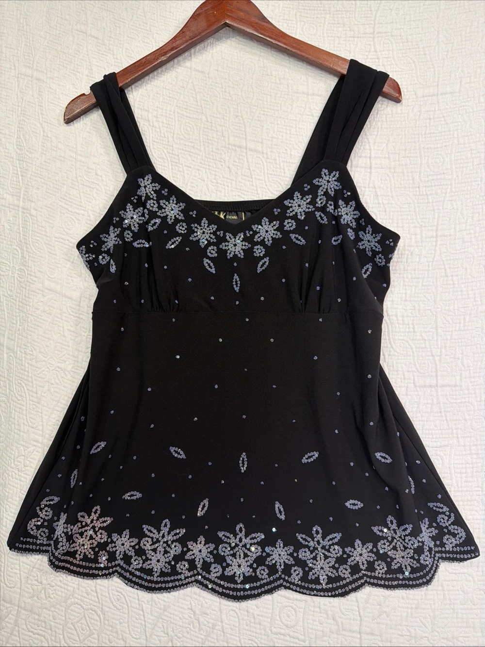 Vintage Y2K Beaded Sequins Floral Camisole Large Petite Baby Doll Black Fairy LP